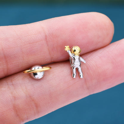 Mismatched Astronaut and Planet Stud Earrings in Sterling Silver, Silver or Gold, Asymmetric Planet and Spaceman Earrings, Fun and Quirky