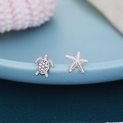 Mismatched Sea Turtle and Sea Star Stud Earrings in Sterling Silver, Asymmetric Starfish and Sea Turtle Earrings