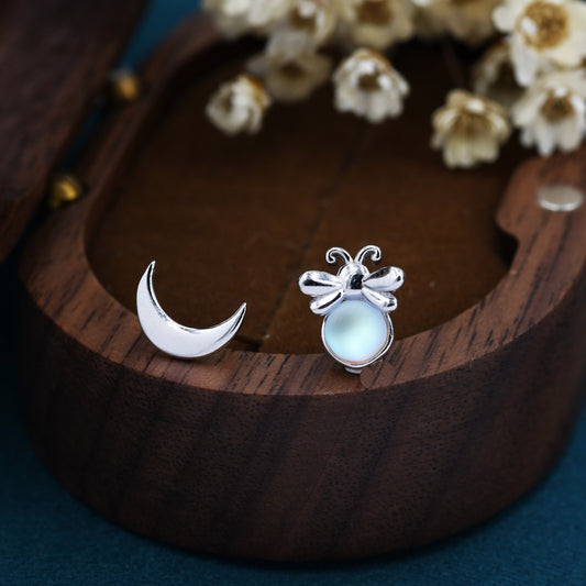 Mismatched Firefly and Moon Stud Earrings in Sterling Silver, Asymmetric Moon and Firefly Earrings, Fun and Quirky