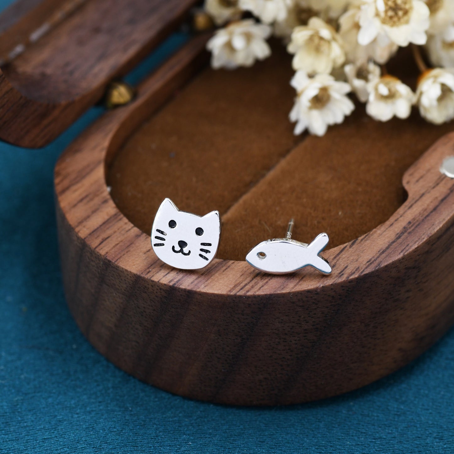 Mismatched Cat and Fish Stud Earrings in Sterling Silver, Asymmetric Cat and Fish Earrings, Cute Cat Lover Earrings