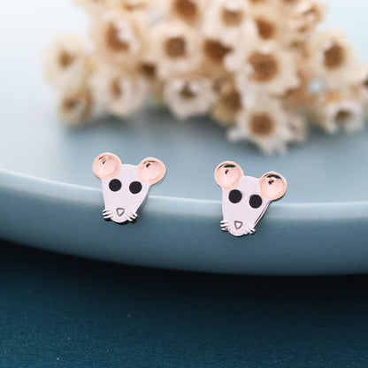 Mouse Stud Earrings in Sterling Silver, Sterling Silver Rat Earrings, Rose Gold Coated, Nature Inspired Animal Earrings