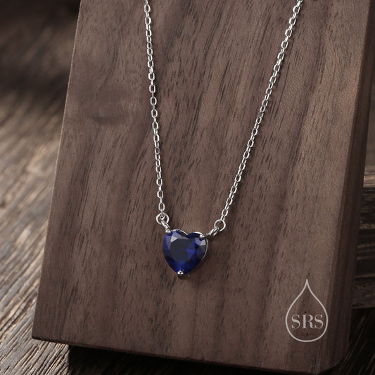 Sapphire Blue CZ Heart Pendant Necklace in Sterling Silver, Silver or Gold, Heart Necklace, Sparkly CZ Necklace