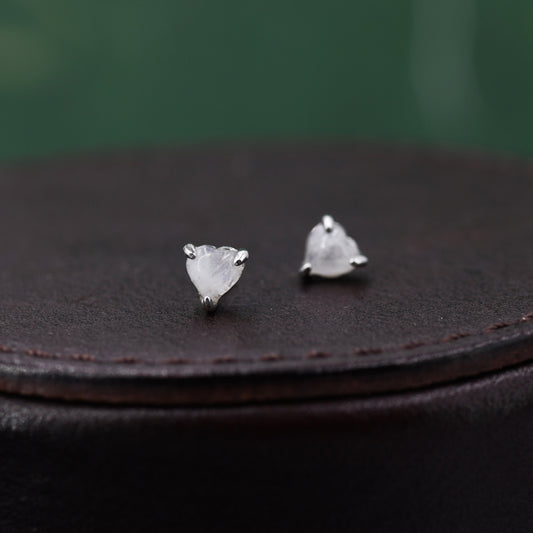 Natural Moonstone Heart Stud Earrings in Sterling Silver, 4mm Moonstone Crystal, Genuine Moonstone Heart Stud Earrings