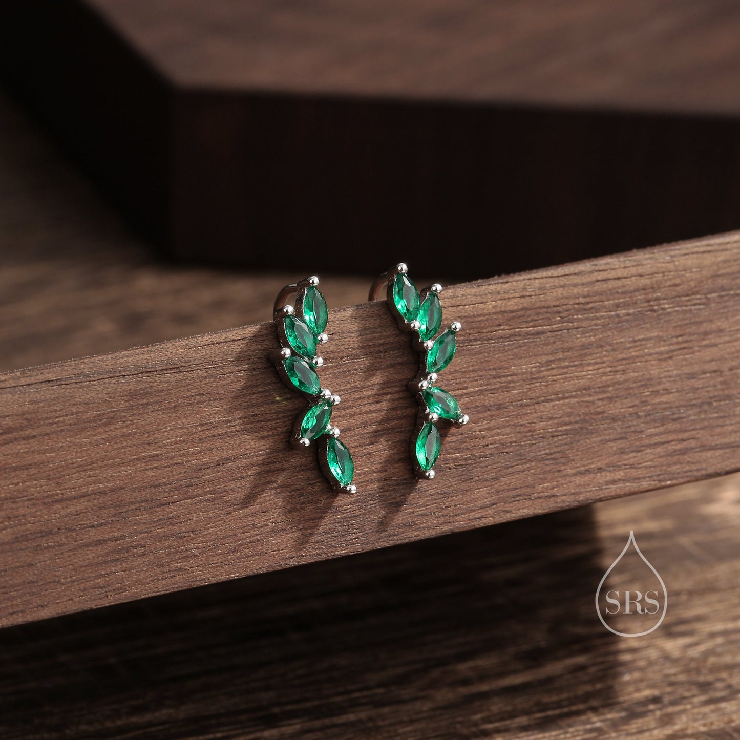 Emerald Green CZ Cluster Crawler Earrings in Sterling Silver, Silver or Gold, Green CZ Marquise Ear Crawlers, CZ Cluster Earrings