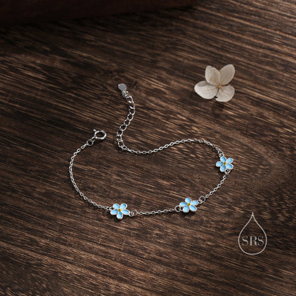 Enamel Forget Me Not Flower Motif Bracelet in Sterling Silver, Flower Bracelet, Blossom Bracelet, Forget-me-not Flower Bracelet