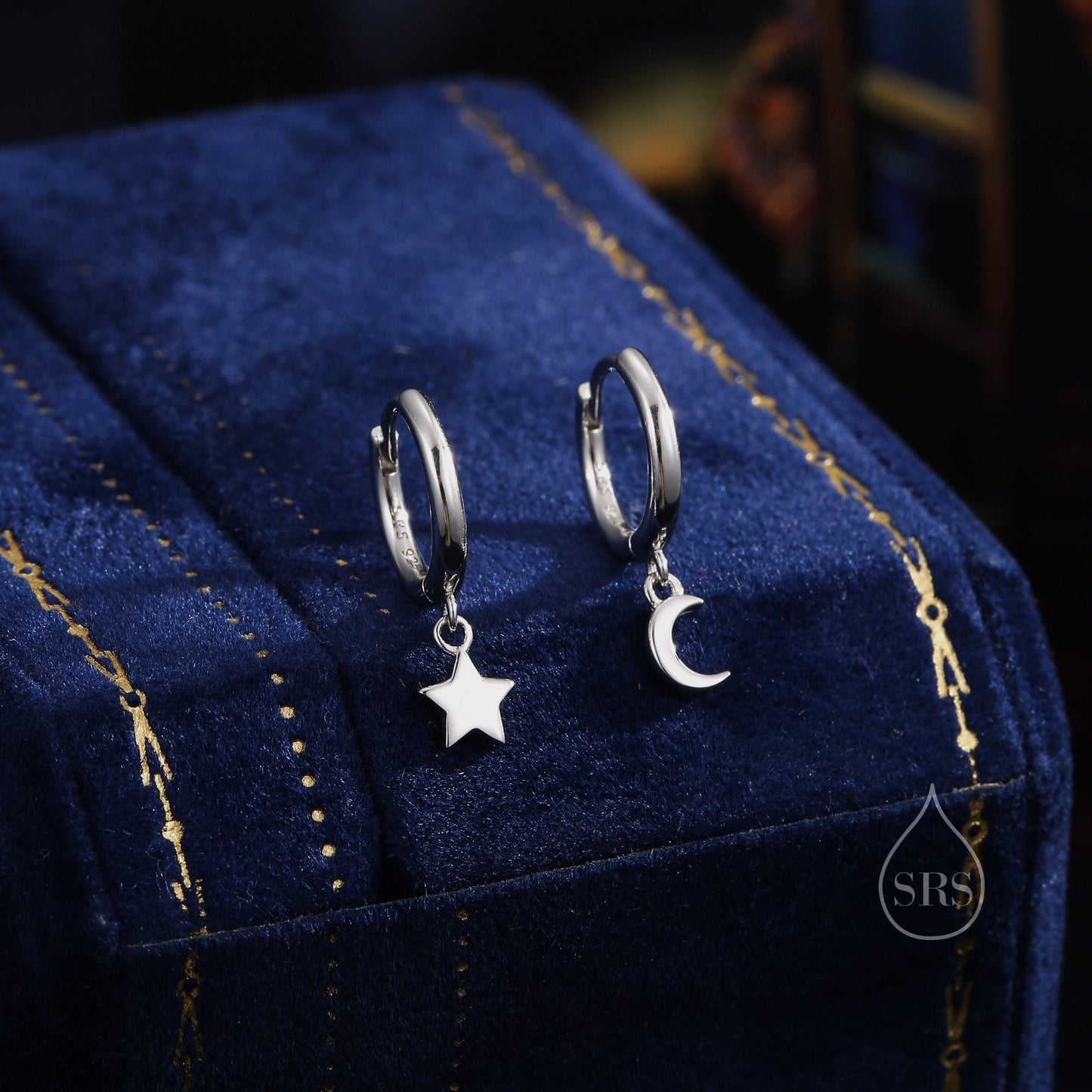 Moon and Star Dangle Huggie Hoop Earrings in Sterling Silver, Silver or Gold or Rose Gold, Moon and Star Skinny Hoops