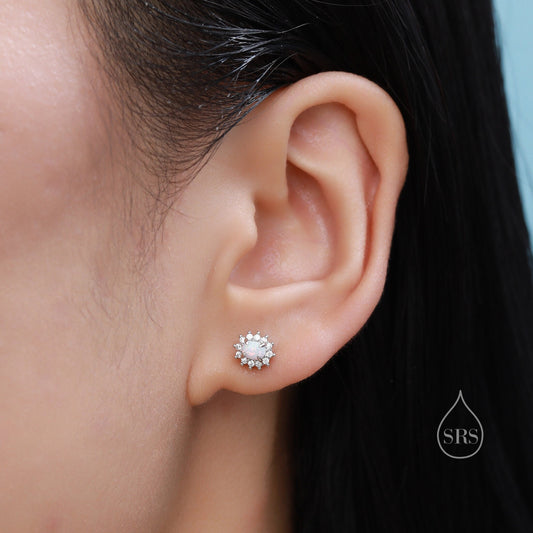 Opal CZ Oval Halo Stud Earrings in Sterling Silver, Silver or Gold, Lab Opal and CZ Earrings, Opal Earrings