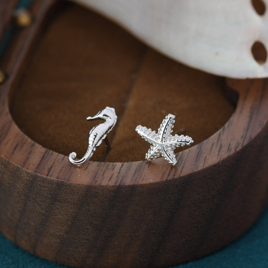 Mismatched Seahorse and Sea Star Stud Earrings in Sterling Silver. Asymmetric Starfish and Seahorse Earrings, Fun and Quirky