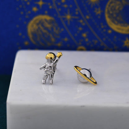Mismatched Astronaut and Planet Stud Earrings in Sterling Silver, Silver or Gold, Asymmetric Planet and Spaceman Earrings, Fun and Quirky