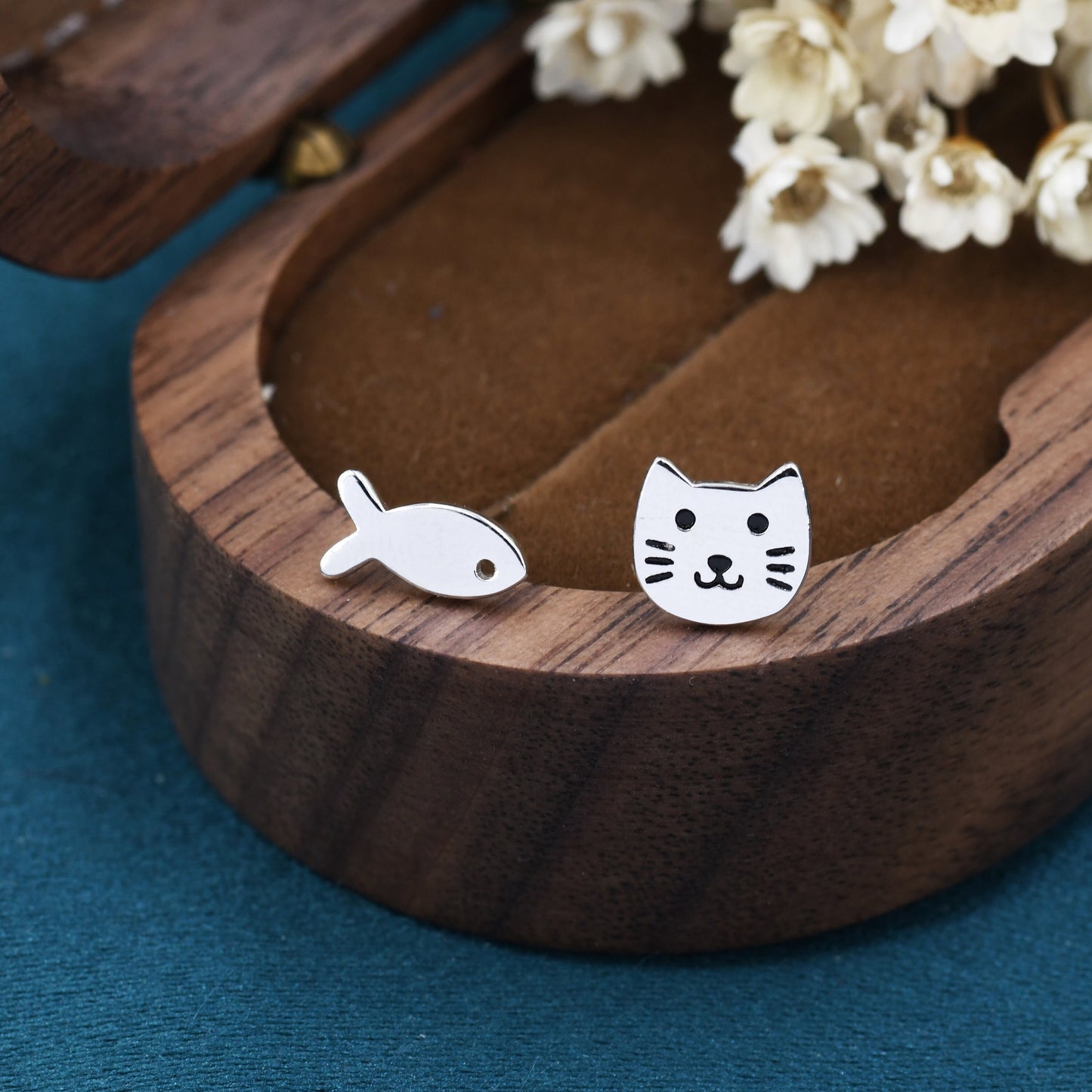 Mismatched Cat and Fish Stud Earrings in Sterling Silver, Asymmetric Cat and Fish Earrings, Cute Cat Lover Earrings