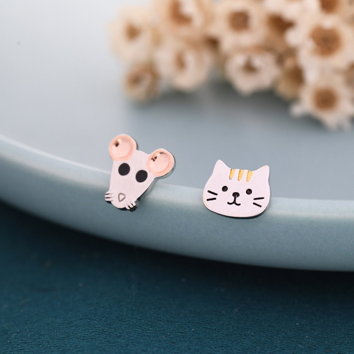 Mismatched Cat and Mouse Stud Earrings in Sterling Silver, Asymmetric Cat and Mouse Earrings, Cute Cat Lover Earrings