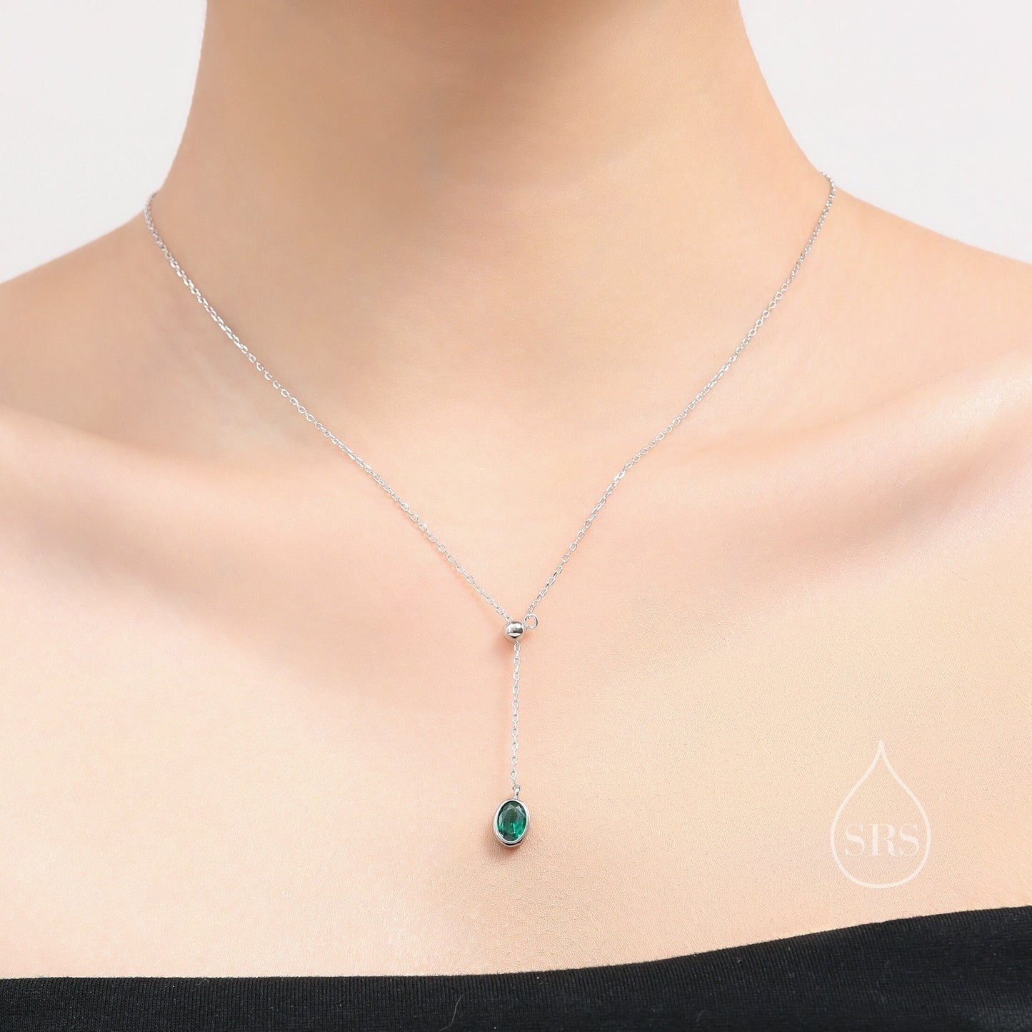 Delicate Emerald Green Oval CZ Lariat Pendant Necklace in Sterling Silver, Silver or Gold, Minimalist Oval Shape CZ Adjustable Necklace