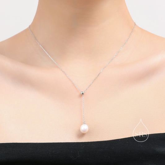 Natural Baroque Pearl Lariat Pendant Necklace in Sterling Silver, Silver or Gold, Minimalist Genuine Freshwater Pearl Y Adjustable Necklace