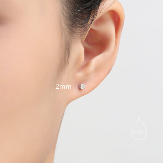 Bezel CZ Crystal Stud Earrings in Sterling Silver, Available in 2mm 3mm 4mm, Silver or Gold,  Brilliant Cut CZ Earrings