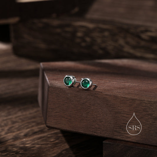 Emerald Green Bezel CZ Crystal Stud Earrings in Sterling Silver, Available in 2mm 3mm 4mm, Silver or Gold,  Brilliant Cut CZ Earrings