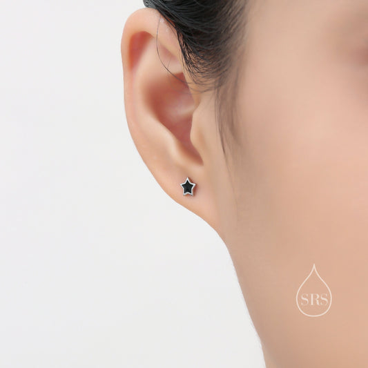 Tiny Black Enamel Star Stud Earrings in Sterling Silver, Silver or Gold,  Black Star Earrings, Tiny and Delicate