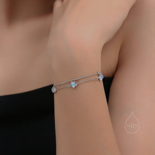 Double Layer Moonstone Star Trio Bracelet in Sterling Silver, Silver or Gold, Simulated Moonstone Star Bracelet,  Two Layer Star Bracelet