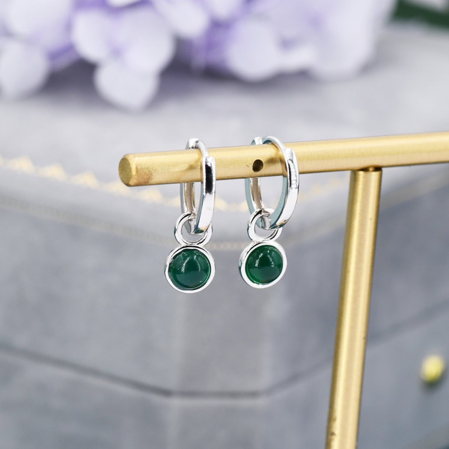 Sterling Silver Dangling Green Onyx Hoop Earrings, Detachable Green Onyx Coin Dangle Hoop Earrings, Silver or Gold, Interchangeable