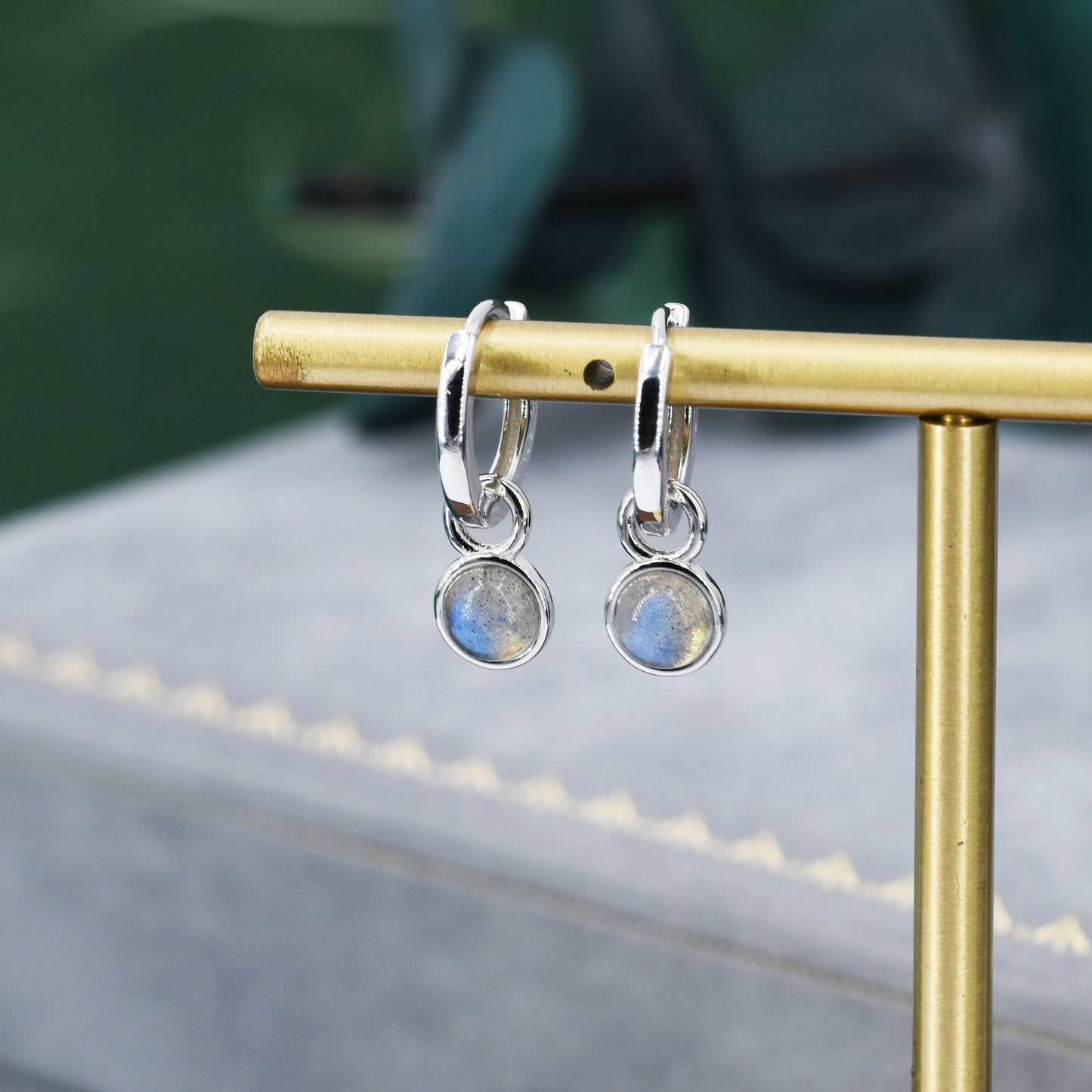 Genuine Labradorite Hoop Earrings in Sterling Silver, Detachable Labradorite Coin Dangle Hoop Earrings, Interchangeable, Grey Moonstone