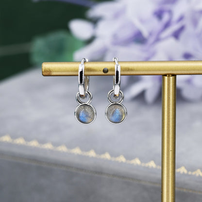 Genuine Labradorite Hoop Earrings in Sterling Silver, Detachable Labradorite Coin Dangle Hoop Earrings, Interchangeable, Grey Moonstone