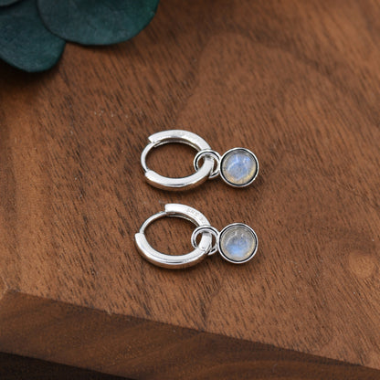 Genuine Labradorite Hoop Earrings in Sterling Silver, Detachable Labradorite Coin Dangle Hoop Earrings, Interchangeable, Grey Moonstone