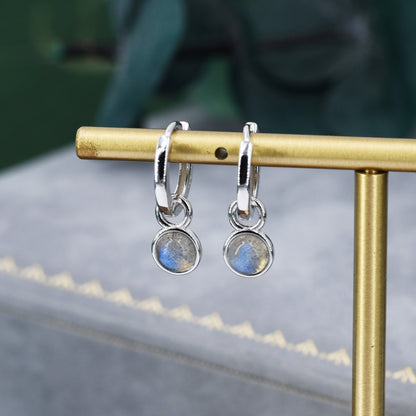 Genuine Labradorite Hoop Earrings in Sterling Silver, Detachable Labradorite Coin Dangle Hoop Earrings, Interchangeable, Grey Moonstone