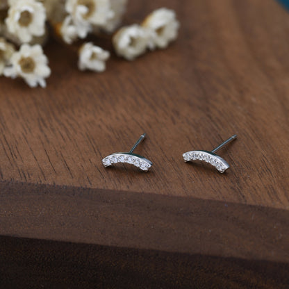 CZ Curved Bar Tiny Stud Earrings in Sterling Silver, Silver or Gold, Extra Tiny CZ Bar Stud, Geometric Bar Earrings, Delicate and Pretty