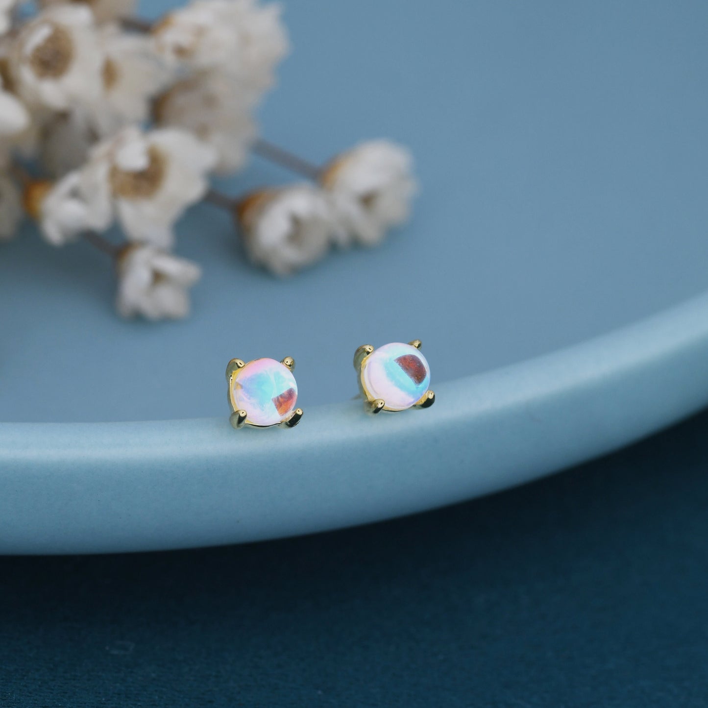 Sterling Silver Moonstone Glass Tiny Stud Earrings, Mermaid Tears, Simulated Moonstone Crystal Earrings, Minimalist and Discreet