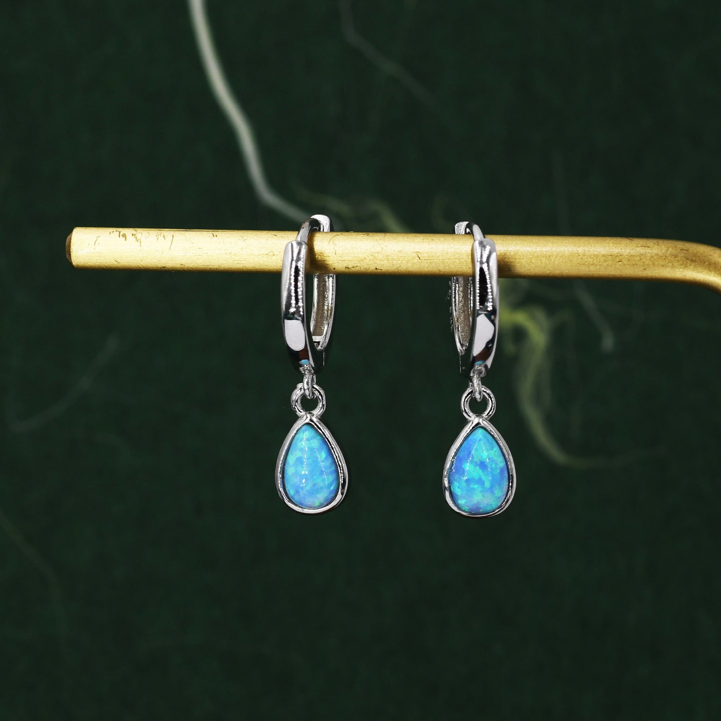 Sterling Silver Dangling Opal Droplet Hoop Earrings, Blue Opal or Fire Opal Charm Dangle Hoop Earrings, Silver or Gold