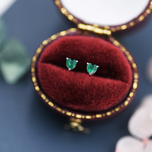 Genuine Green Onyx Heart Stud Earrings in Sterling Silver, Heart Stud Earrings, Tiny Heart Earrings