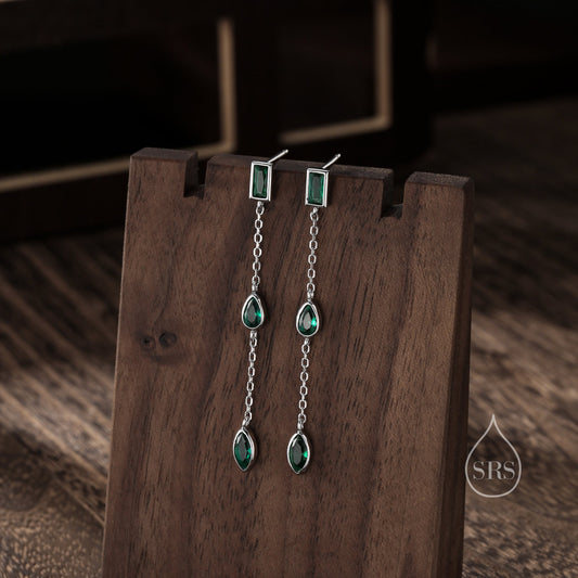 Emerald Green CZ Mismatched Marquise Dangle Drop Stud Earrings in Sterling Silver, Silver or Gold, Pear Cut and Baguette Drop Earrings