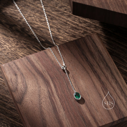 Delicate Emerald Green Oval CZ Lariat Pendant Necklace in Sterling Silver, Silver or Gold, Minimalist Oval Shape CZ Adjustable Necklace