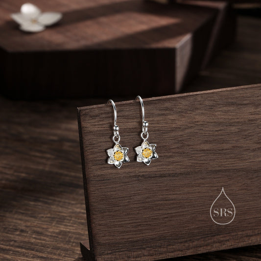 Daffodil Flower Drop Hook Earrings in Sterling Silver, Partial Gold, Flower hoop Earrings, Daffodil Floral Earrings