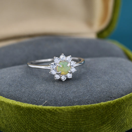 Genuine Opal Halo Ring in Sterling Silver, US 5 - 8, Natural Opal Stone Ring, Ethiopian Opal, Opal Flower Ring