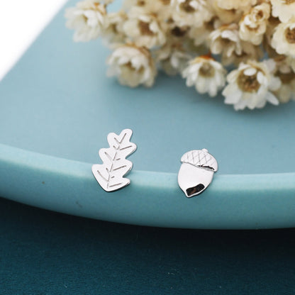 Mismatched Oak Leaf and Acorn Stud Earrings in Sterling Silver, in Silver or Gold, Nature Inspired Earrings, Asymmetric Leaf Earrings