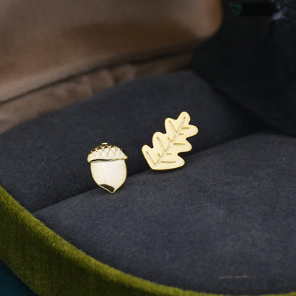 Mismatched Oak Leaf and Acorn Stud Earrings in Sterling Silver, in Silver or Gold, Nature Inspired Earrings, Asymmetric Leaf Earrings