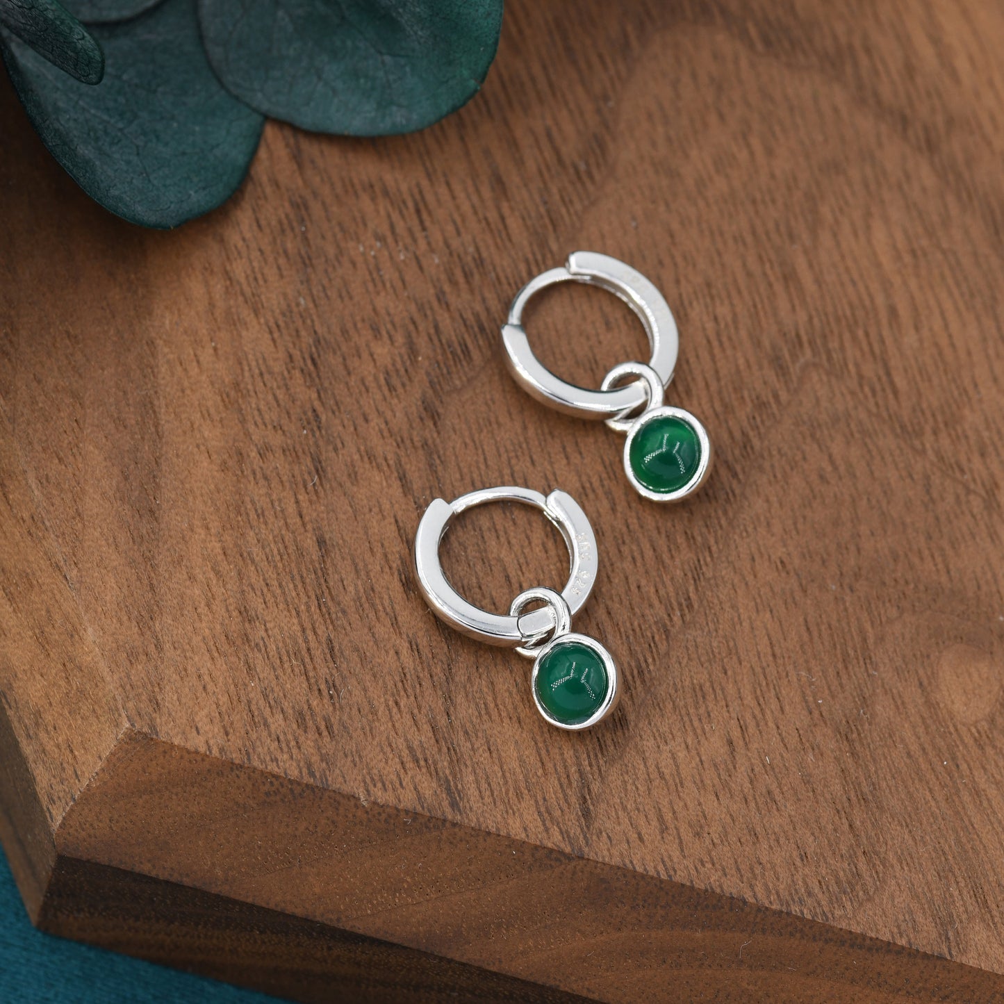 Sterling Silver Dangling Green Onyx Hoop Earrings, Detachable Green Onyx Coin Dangle Hoop Earrings, Silver or Gold, Interchangeable
