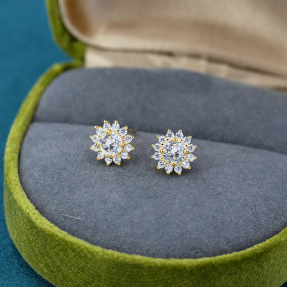 CZ Flower Stud Earrings in Sterling Silver, Gold or Silver, Simulated Diamond Snowflake Earrings
