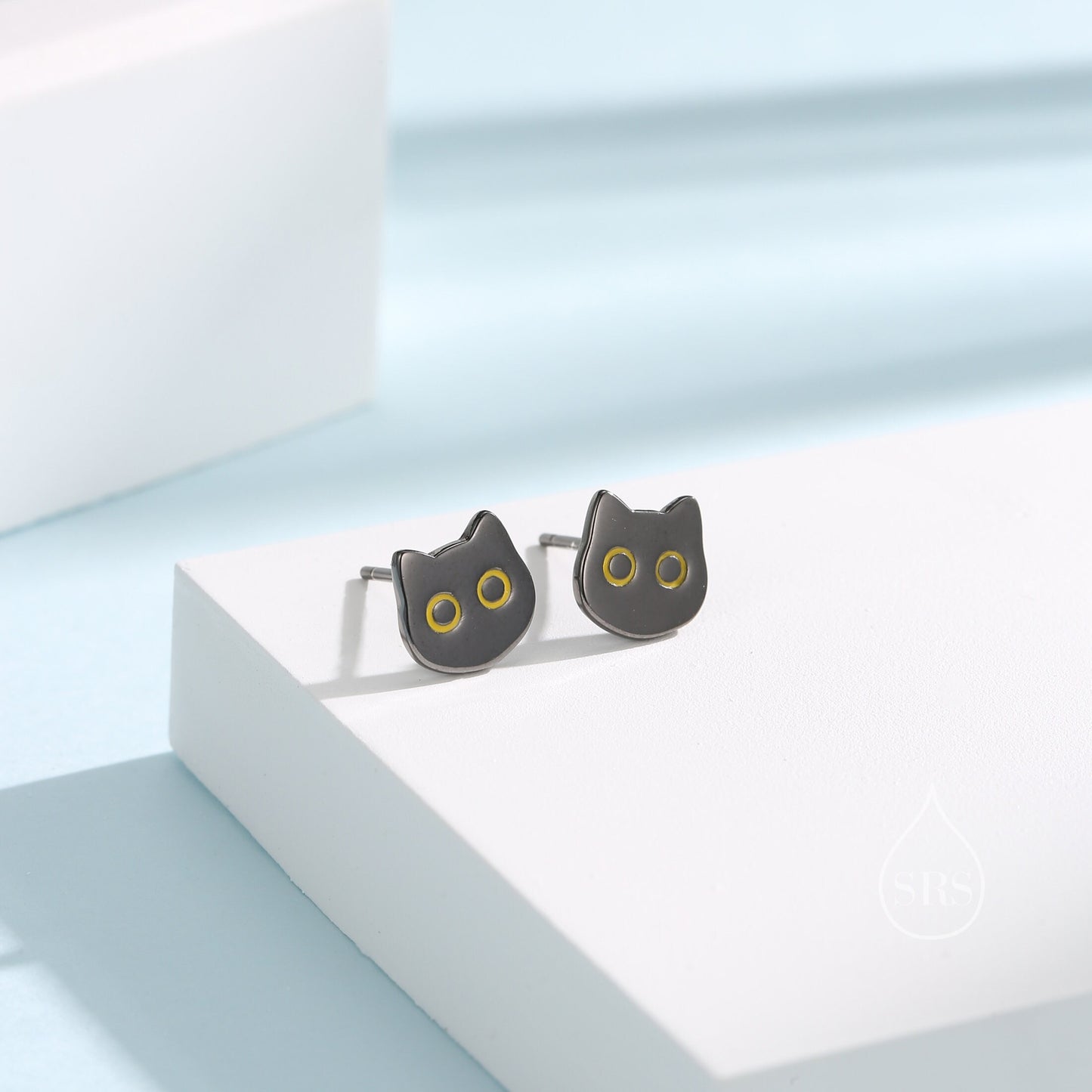 Black Cat Stud Earrings in Sterling Silver, Black Rhodium Coated Cat Earrings, Cute Cat Earrings, Silver Cat Earrings, Nature Inspired