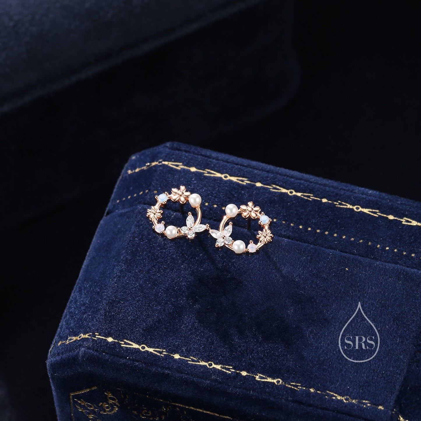 Sterling Silver Tiny Flower Wreath Stud Earrings - Silver or Gold or Rose Gold, CZ Circle Flower and Butterfly Stud Earrings