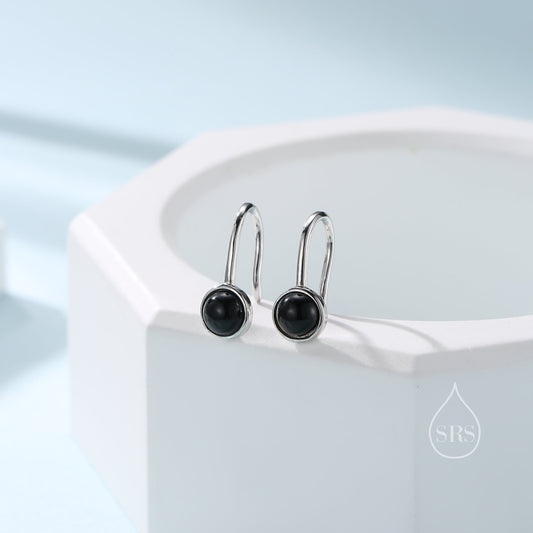 Genuine Black Onyx Drop Earrings in Sterling Silver, Natural Black Onyx Round Hook Earrings, Delicate Black Agate Earrings