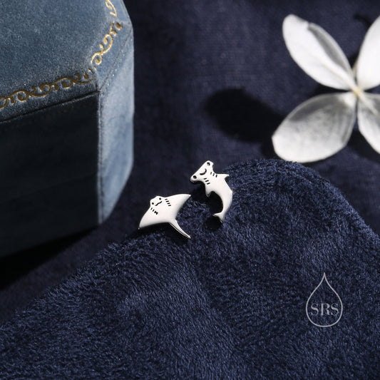 Mismatched Kawaii Hammerhead Shark and Manta Ray Stud Earrings in Sterling Silver, Silver or Gold or Rose Gold,  Asymmetric Fish Earrings