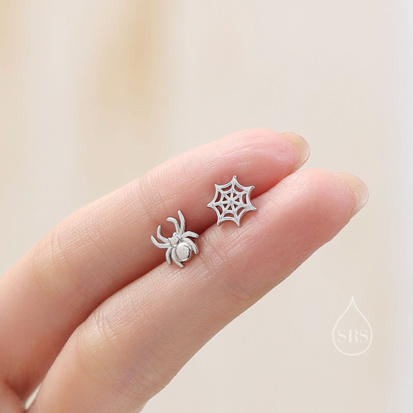 Mismatched Spider and Spider Web Stud Earrings in Sterling Silver, Silver or Gold,  Nature Inspired, Insect Earrings