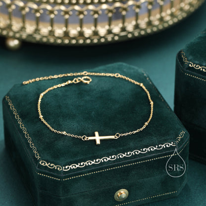 Dainty Cross Bracelet with Satellite Chain in Sterling Silver, Silver or Gold or Rose Gold,  Minimal Cross Bracelet, Minimalist Jewellery