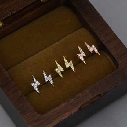 CZ Lightning Bolt Stud Earrings in Sterling Silver, Available in 2 Sizes, Tiny Lightning Bolt Earrings, Silver, Gold and Rose Gold