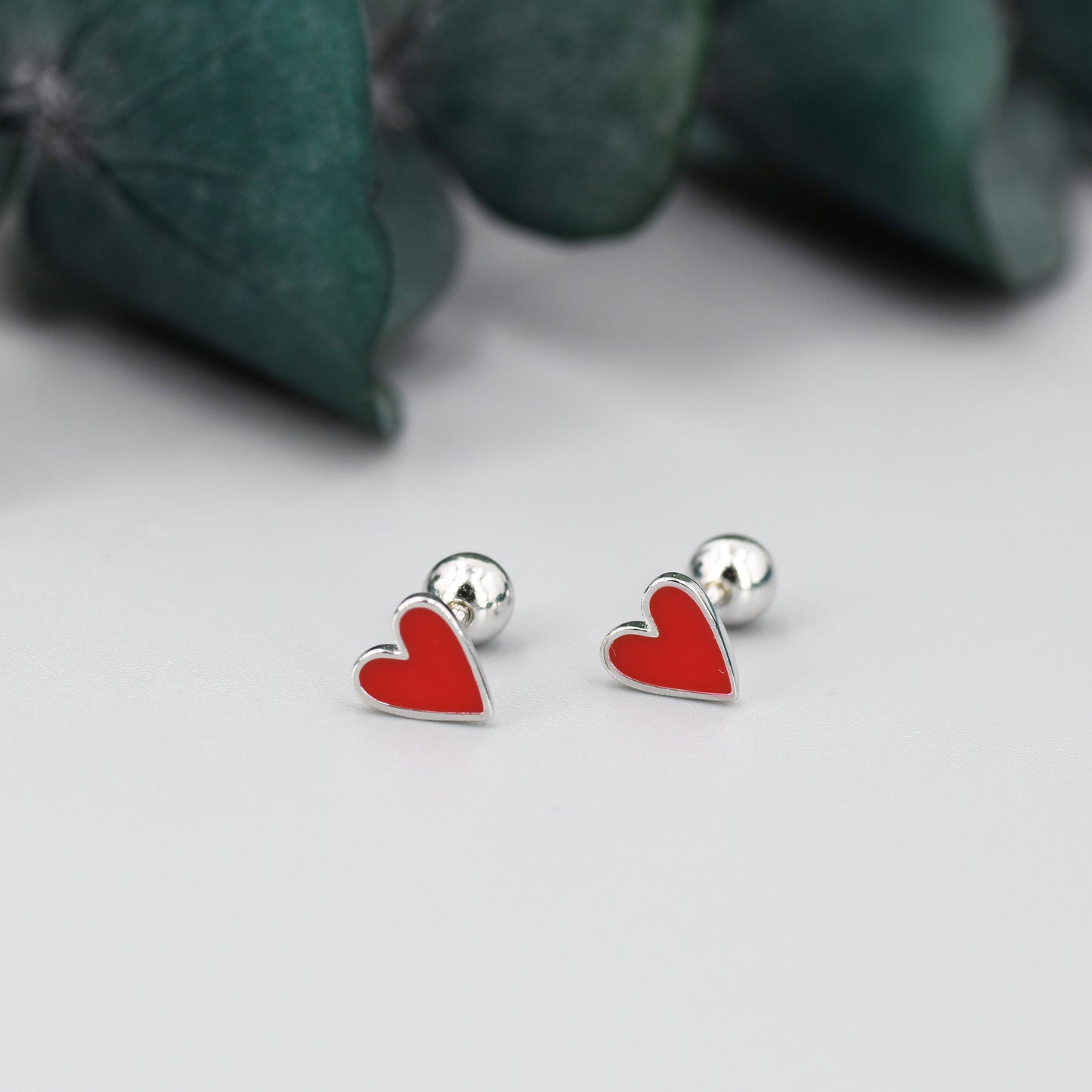 Red Enamel Heart Screwback Earrings in Sterling Silver, Silver or Gold, Delicate Heart Earrings, Heart Barbell Earrings, Screw Back