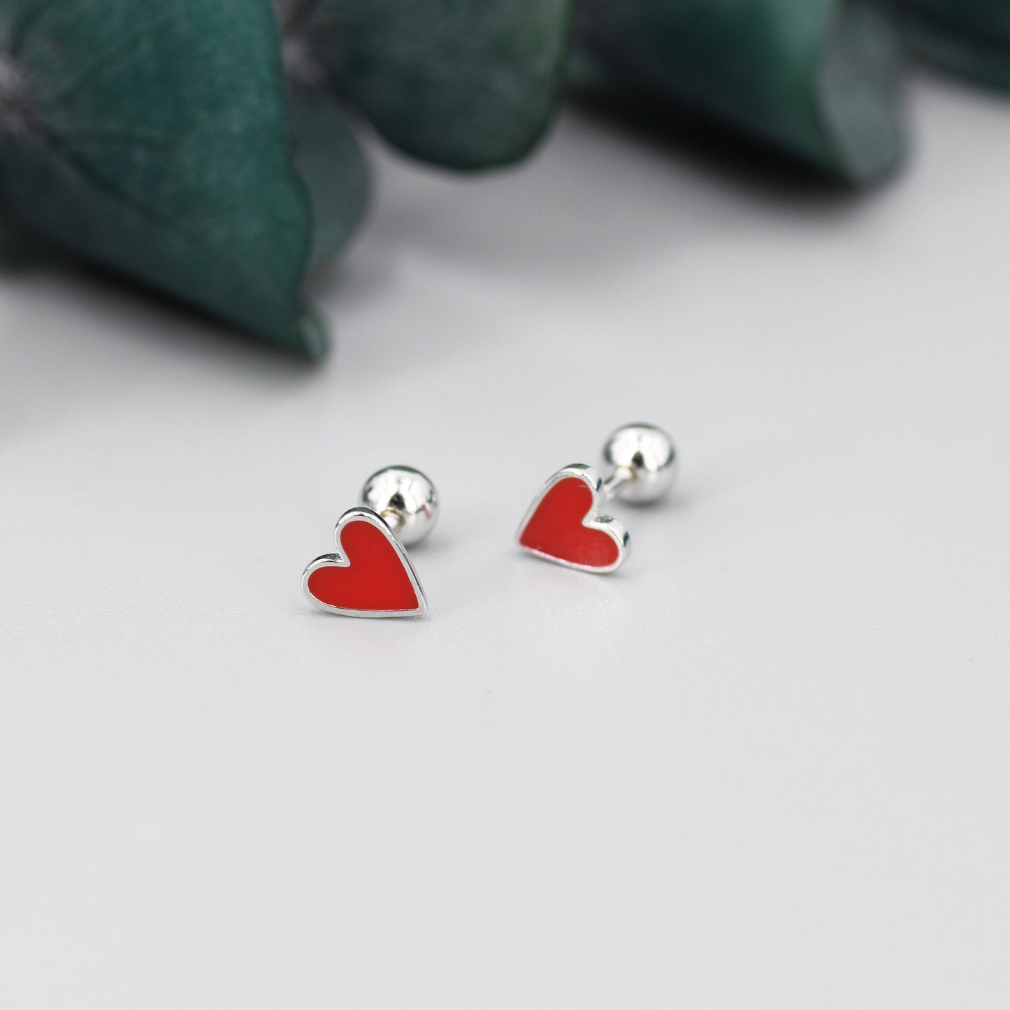 Red Enamel Heart Screwback Earrings in Sterling Silver, Silver or Gold, Delicate Heart Earrings, Heart Barbell Earrings, Screw Back