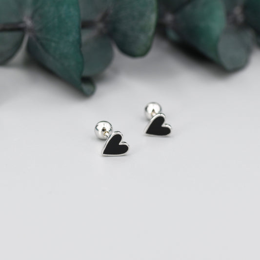Black Enamel Heart Screwback Earrings in Sterling Silver, Silver or Gold, Delicate Heart Earrings, Heart Barbell Earrings, Screw Back