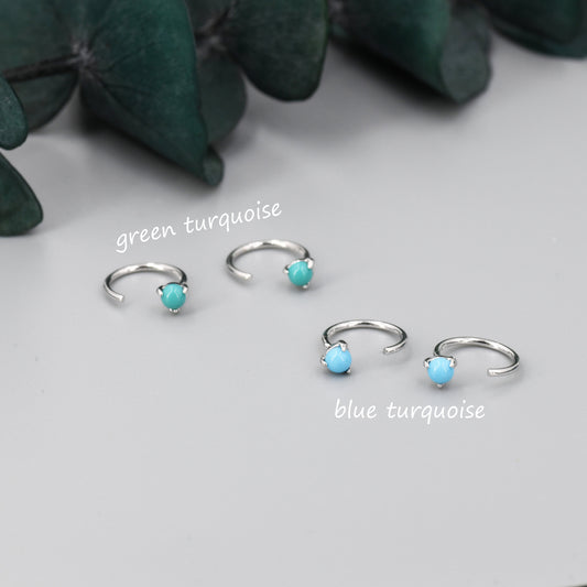 Genuine Turquoise Threader Hoop Earrings in Sterling Silver, Blue Turquoise or Green Turquoise Huggie Hoops, Turquoise Open Hoop Earrings