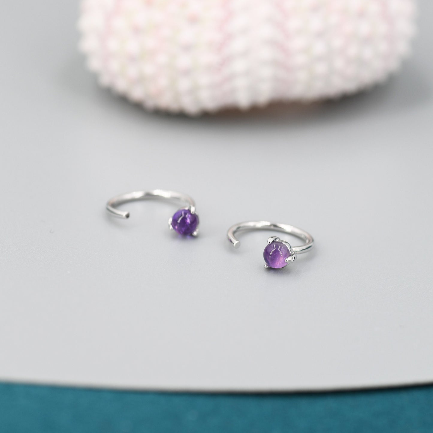 Genuine Amethyst Huggie Hoop Earrings in Sterling Silver, 3mm Natural Purple Amethyst Open Hoops, Pull Through Threaders, C Shape Half Hoops